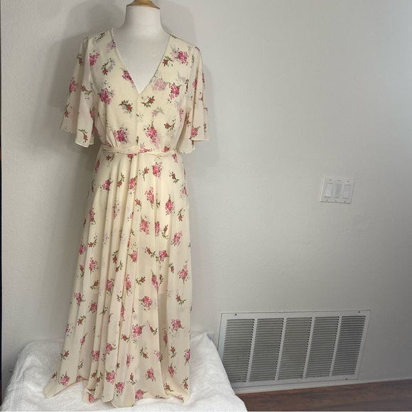 MAJE Women's Cream Pink Lovely Floral Runge Midi Dress Size Large Cottagecore